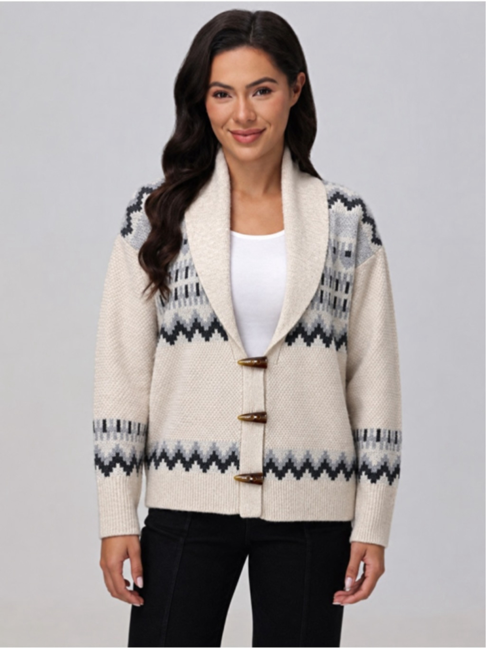 Frye Women Fair Isle Shawl Collar Cardigan Large Classic Nordic Western Casual